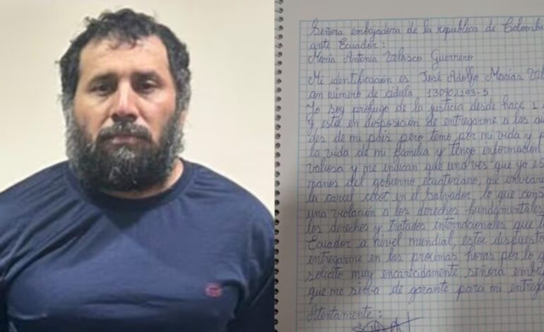 Carta de «Fito» que llegó a la Embajada de Colombia en Ecuador
