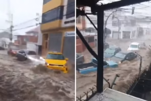Intensas lluvias y granizada inundan calles de Quito y el agua arrastra autos