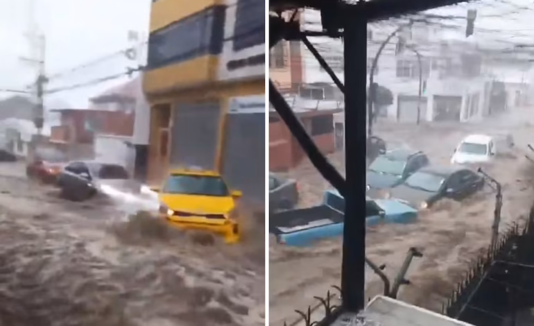 Intensas lluvias y granizada inundan calles de Quito y el agua arrastra autos